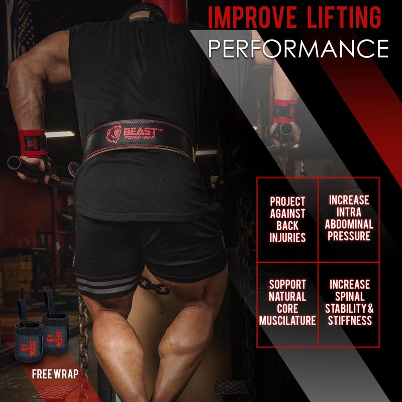 Beast Power Gear Weight Lifting Belt - 4â€ Genuine Leather Belts Padded Lower Back Support for Gym Bodybuilding Squat Deadlift Weightlifting Cross Strength Training Men Women Free Wrist Wrap - Image 3